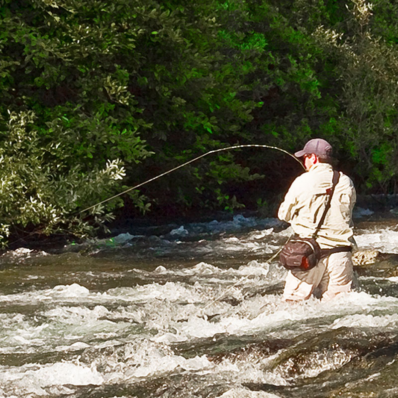 Tom Page, fly fishing while standing in the river.